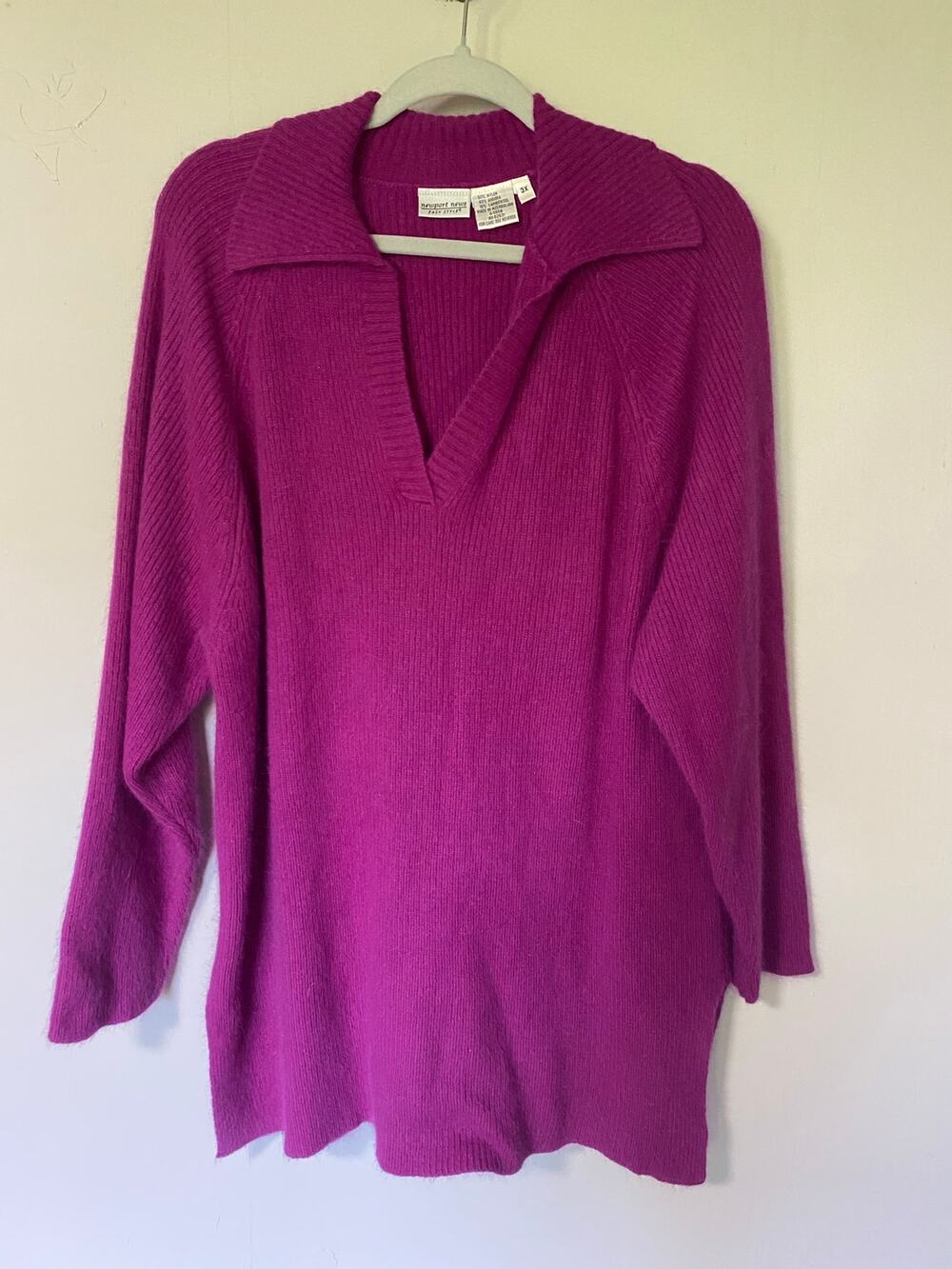 Newport New Magenta Angora Lambswool Blend V-Neck Pullover Sweater 3x